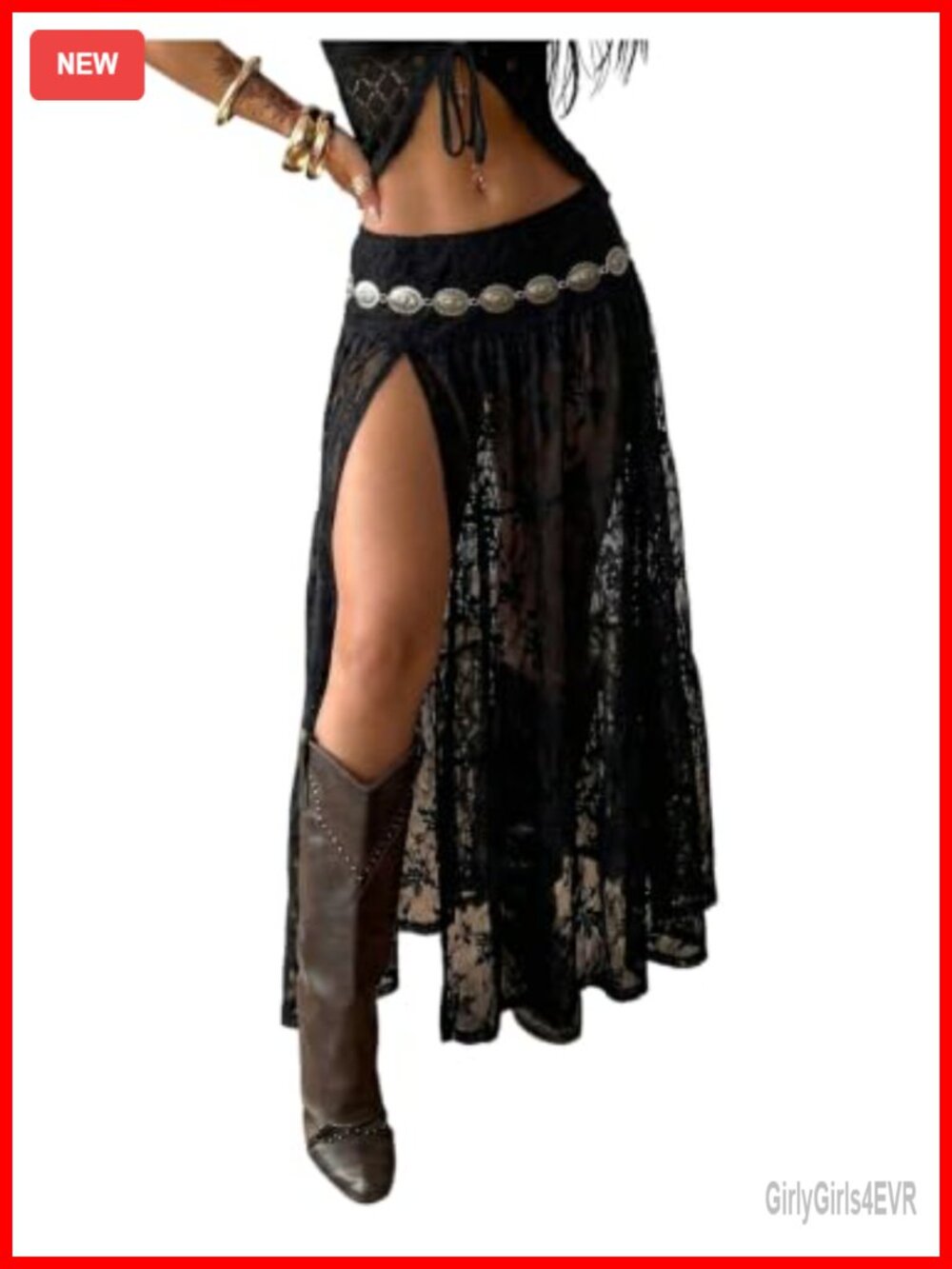 Lace Maxi Skirt High Slit Sheer Western Festival Goth A-Line